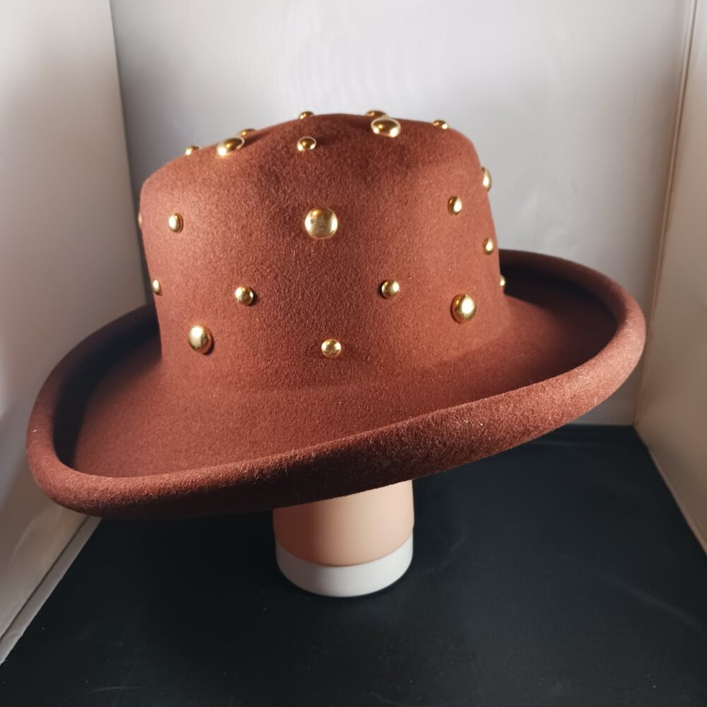 Vintage 100% Wool Gold Studs Women's Brown Felt Hat - Picture 1 of 8